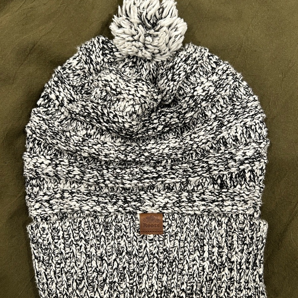 Roots Black and White Knit Beanie with Pom-Pom